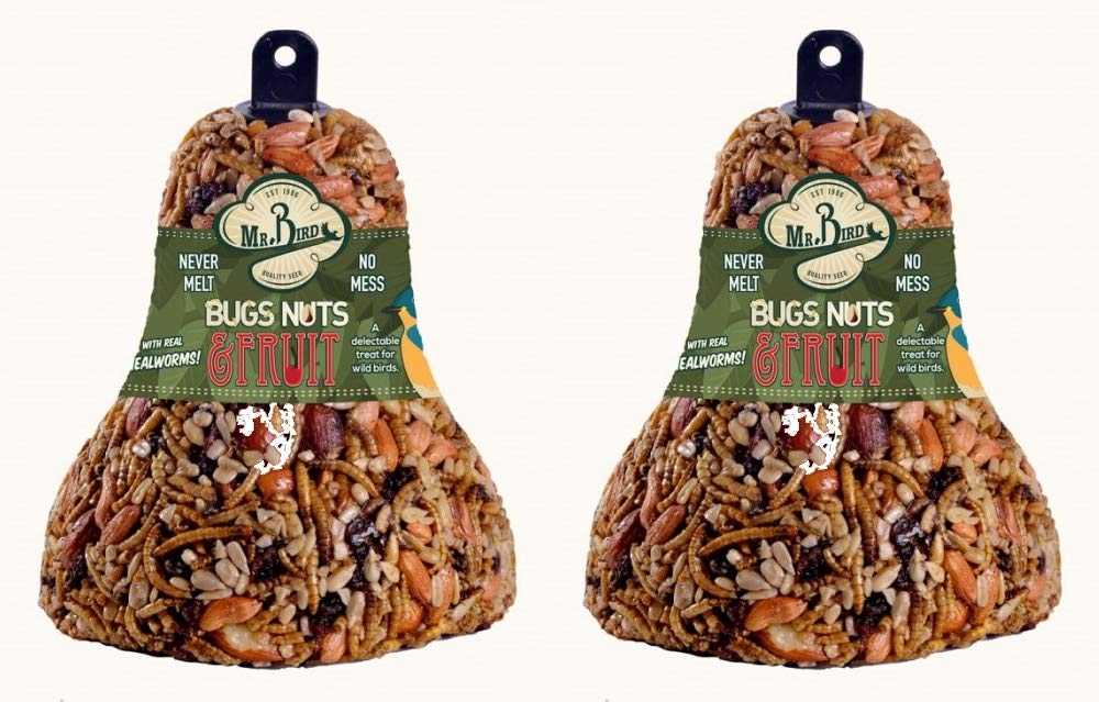 Mr. Bird Bugs, Nuts & Fruit Wild Bird Seed Bell 12.5 oz, featuring real mealworms, pecans, sunflower hearts, and fruits.