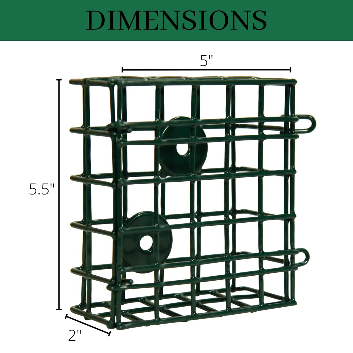 Dimensions of JCs Wildlife Single Suet Cage: 5" width, 5.5" height, 2" depth for optimal bird feeding.