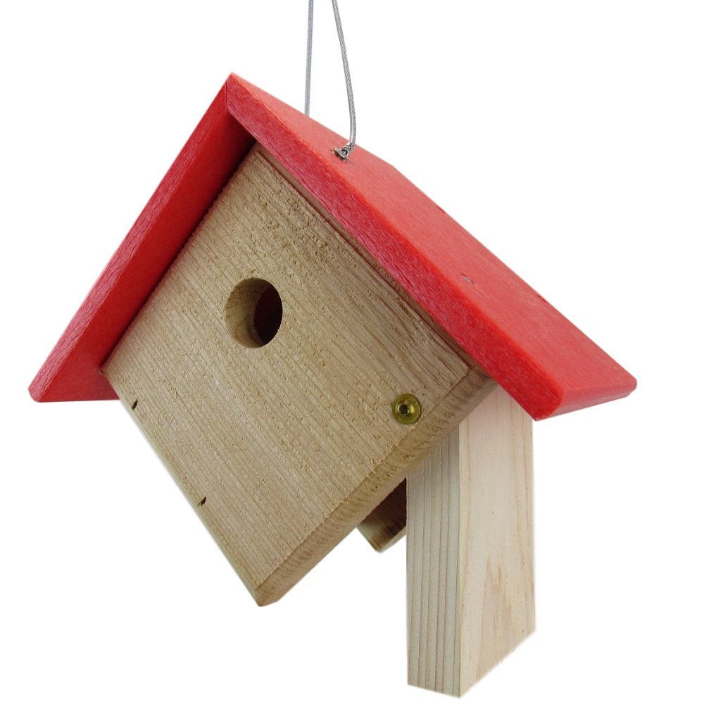Wooden birdhouse with a bright red roof small entry hole and brass colored screws against a white background