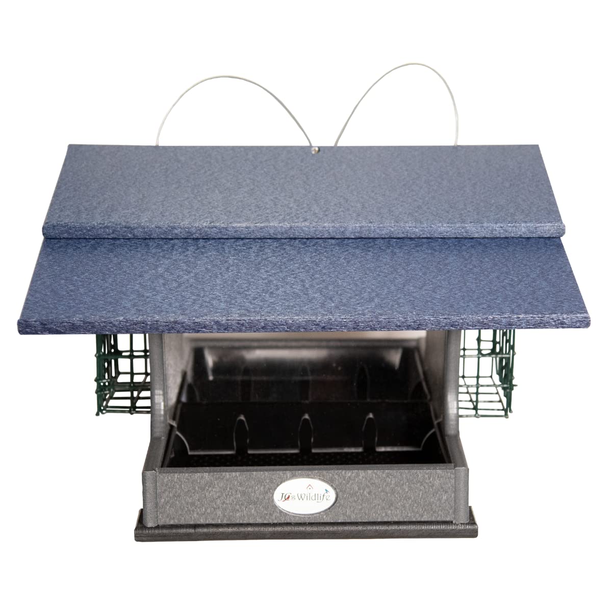 JCS Wildlife Hopper and Suet Feeder with dual cages for suet cakes and fruit, made from recycled materials.