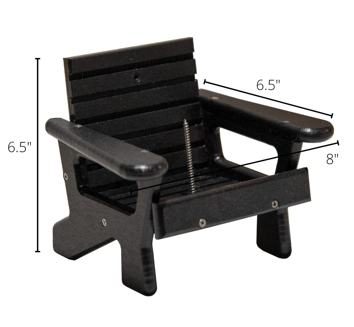 JCS Wildlife Black Squirrel Chair Feeder dimensions 6.5" height and 8" width, designed to hold one dried corn cob.