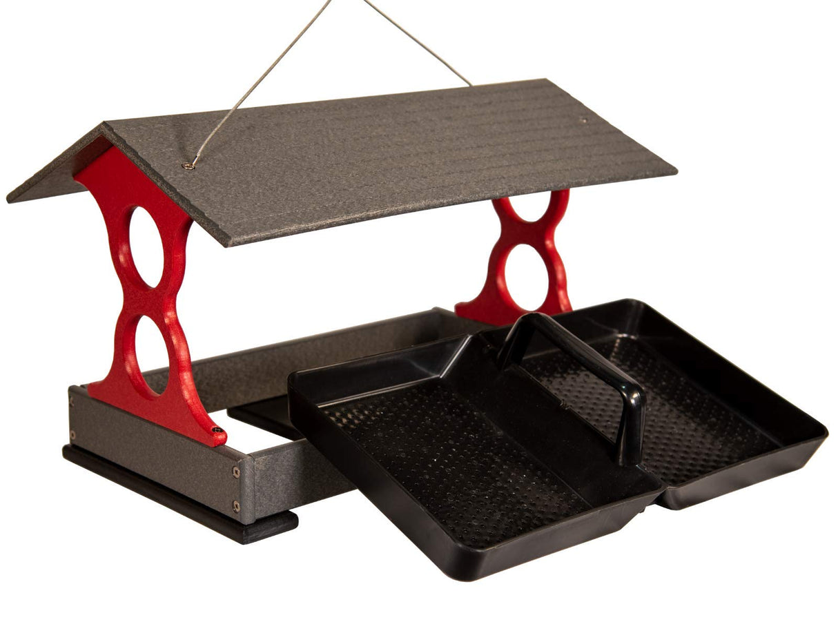Plastic bird feeder with gray roof red accents and two black removable trays for easy cleaning