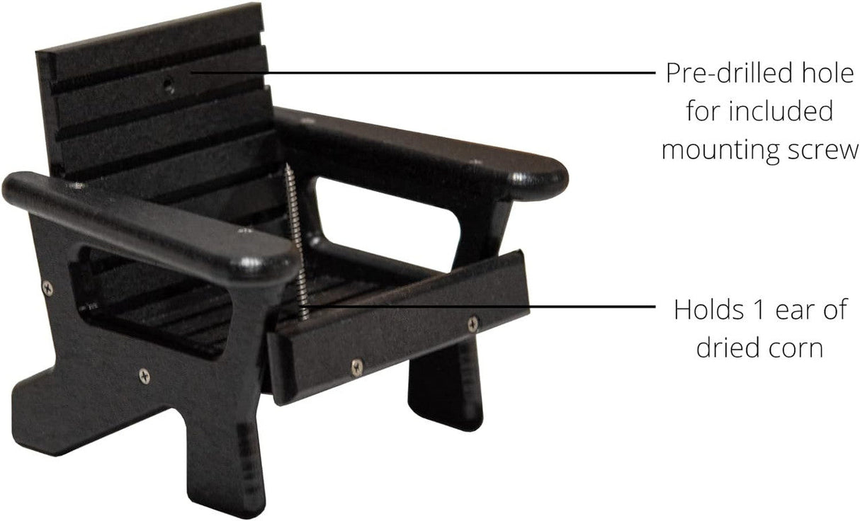 JCS Wildlife Black Squirrel Chair Feeder, designed to hold 1 ear of dried corn with pre-drilled mounting hole.