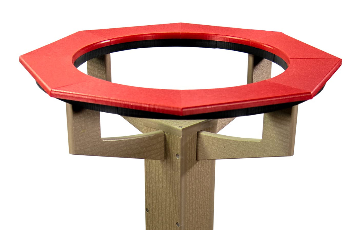 JCS Wildlife Poly Lumber Tan Pedestal Garden Bird Bath with a vibrant red top for birds to enjoy.