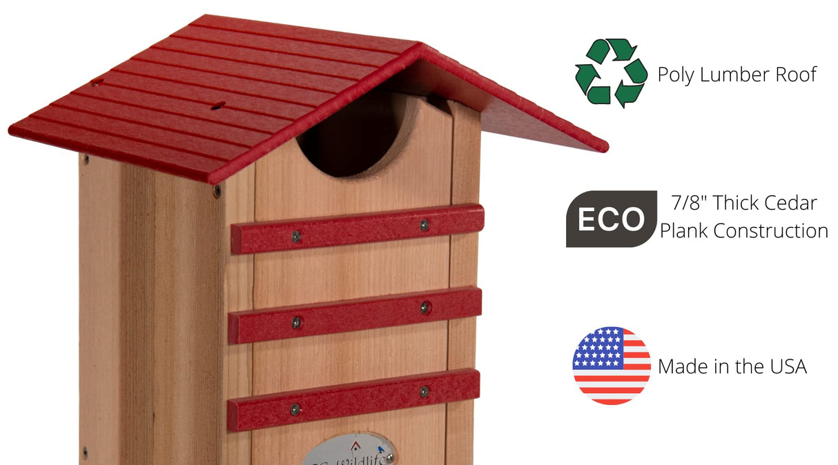 JCS Wildlife Cedar Screech Owl Nest Box featuring a poly lumber roof and eco-friendly cedar plank construction.