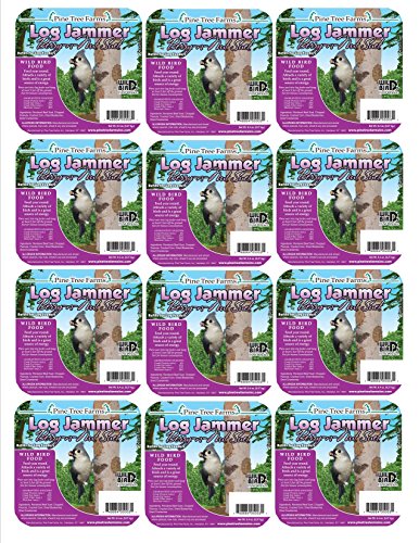 Pine Tree Farms product label featuring a tufted titmouse on a tree trunk against a purple background with green foliage and a detailed product description