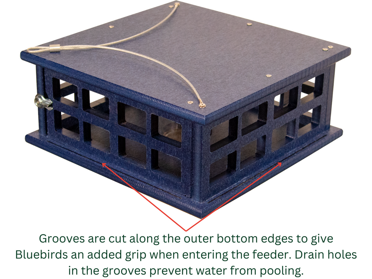 Close-up of JCS Wildlife Recycled Poly Lumber Bluebird Feeder showing grooves for easy access and drainage.