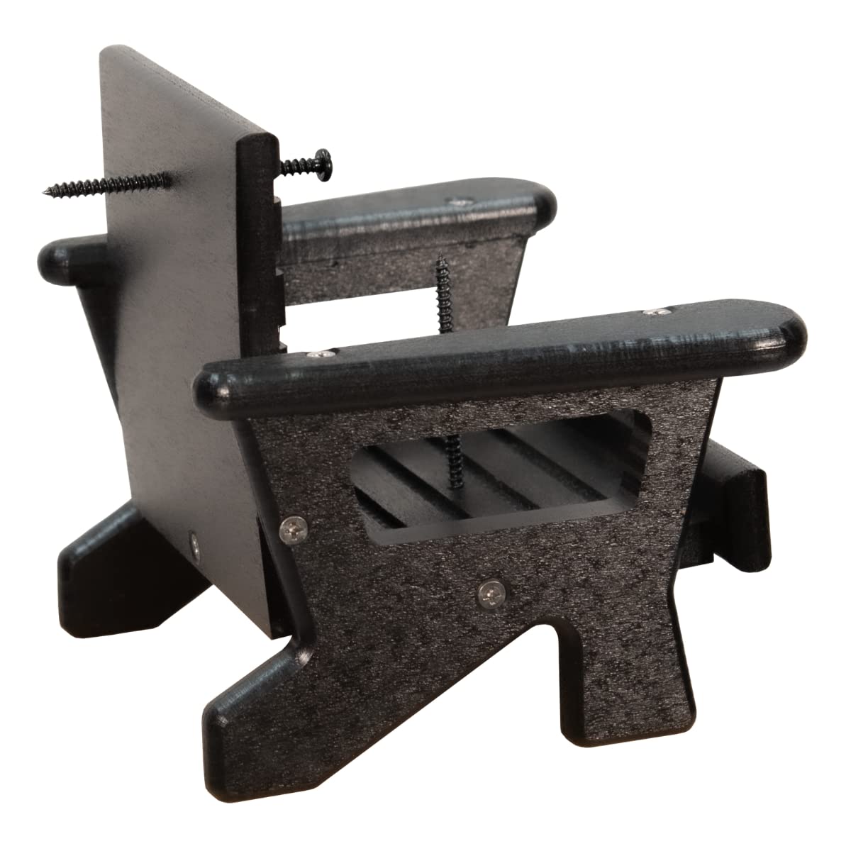 JCS Wildlife Black Squirrel Chair Feeder designed to hold 1 dried corn cob for squirrels to enjoy.