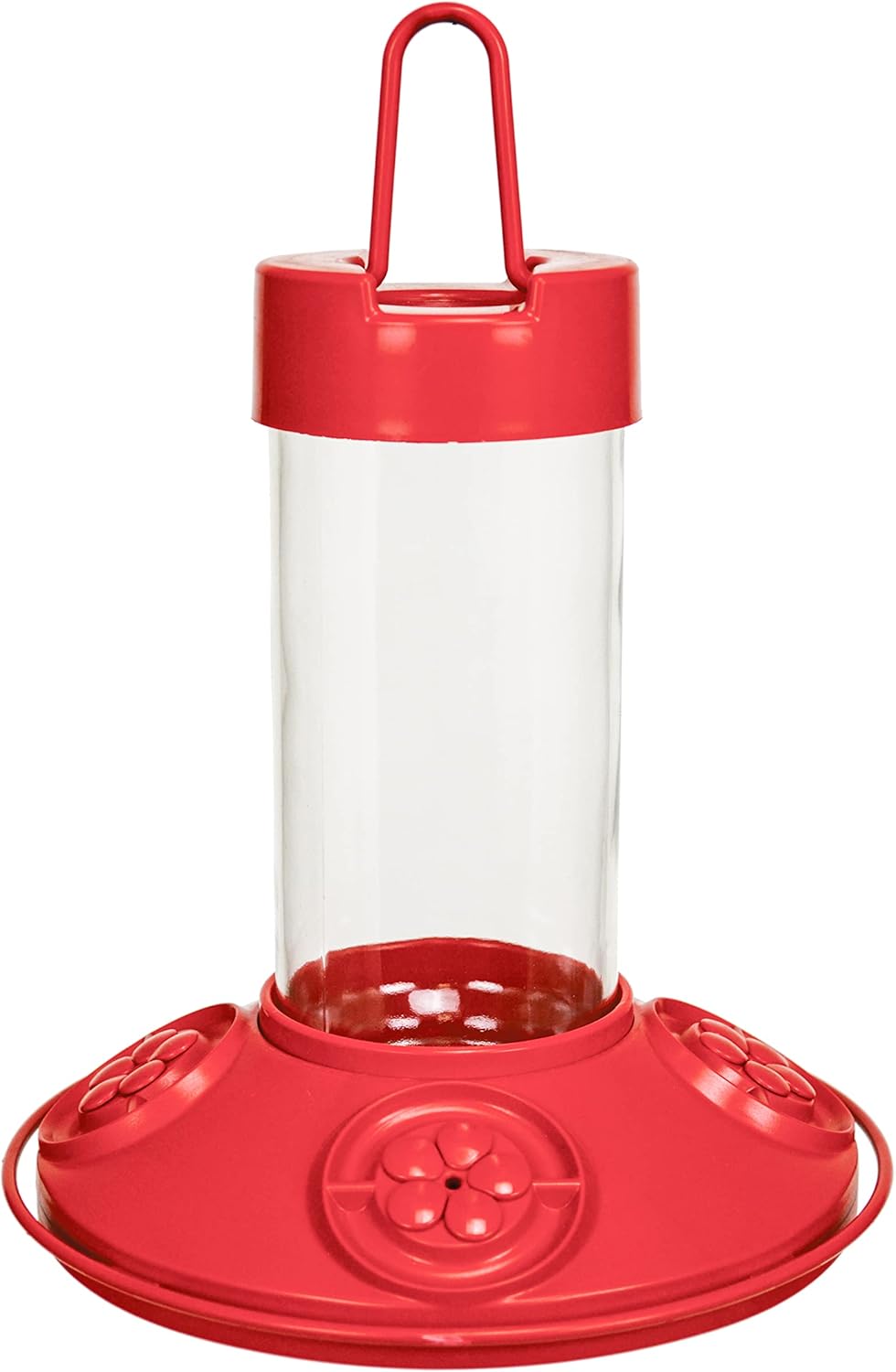 Product image of a red metal and glass hummingbird feeder with a clear glass reservoir, a hanging loop, and flower-shaped feeding ports
