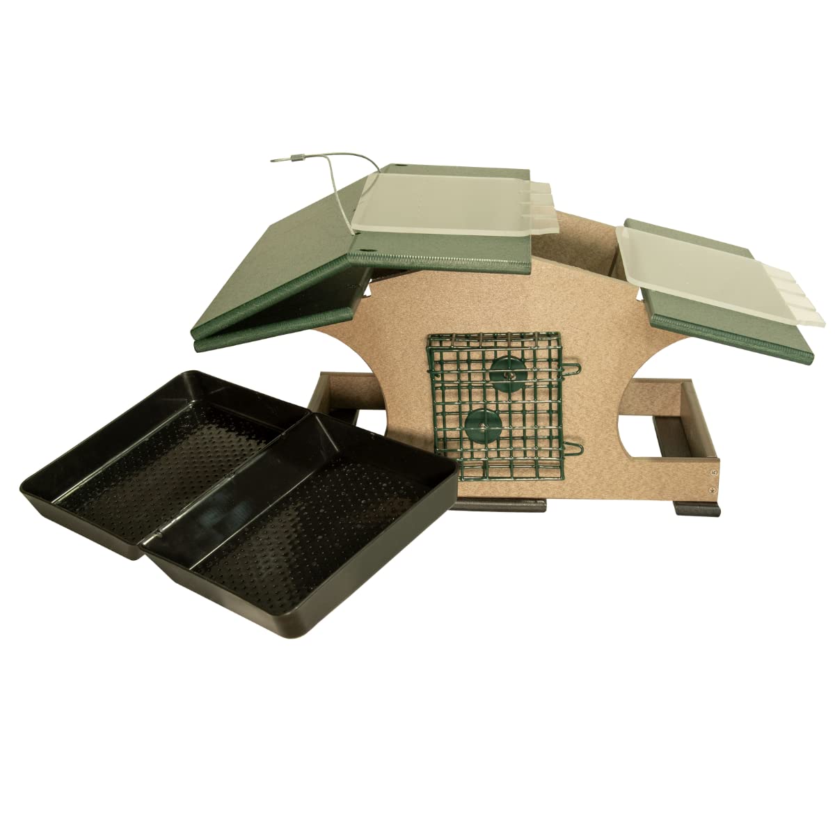 JCS Wildlife Hopper and Suet Feeder with removable trays and dual roofs for easy access and refilling.