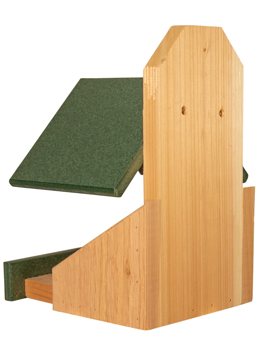 Wooden bird feeder with a green roof and light brown wood showing natural grain and small holes for hanging.