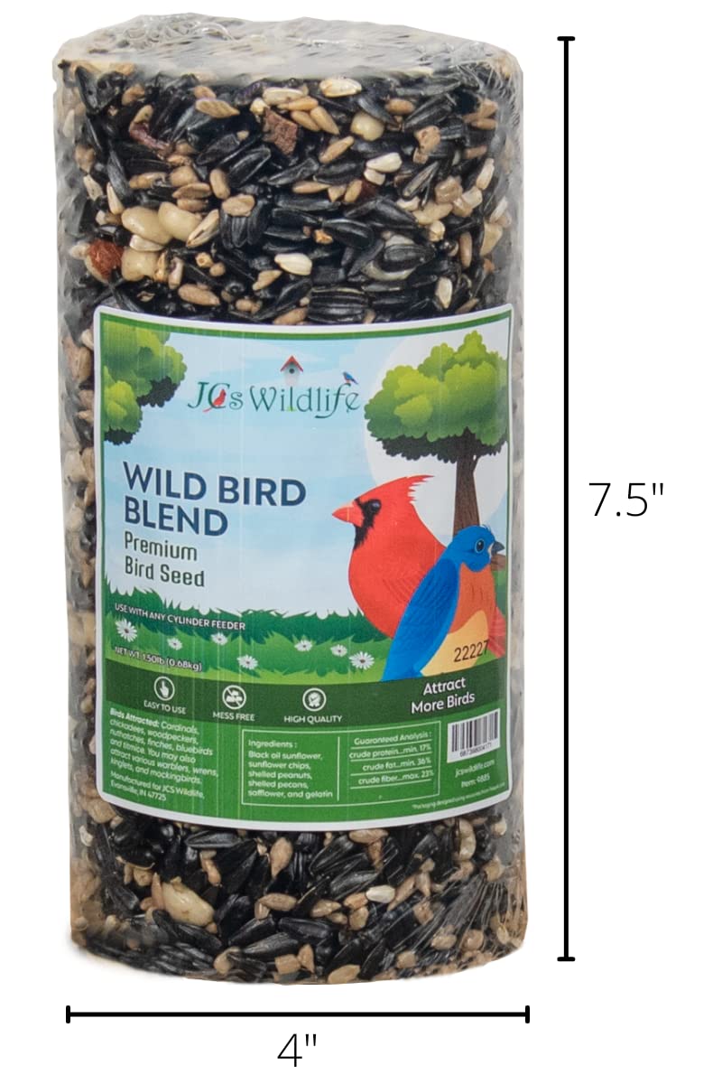 JCs Wildlife 7.5-inch premium wild bird seed blend cylinder featuring a cardinal and bluebird against a green tree background with black oil sunflower seeds, shelled peanuts, and safflower seeds.
