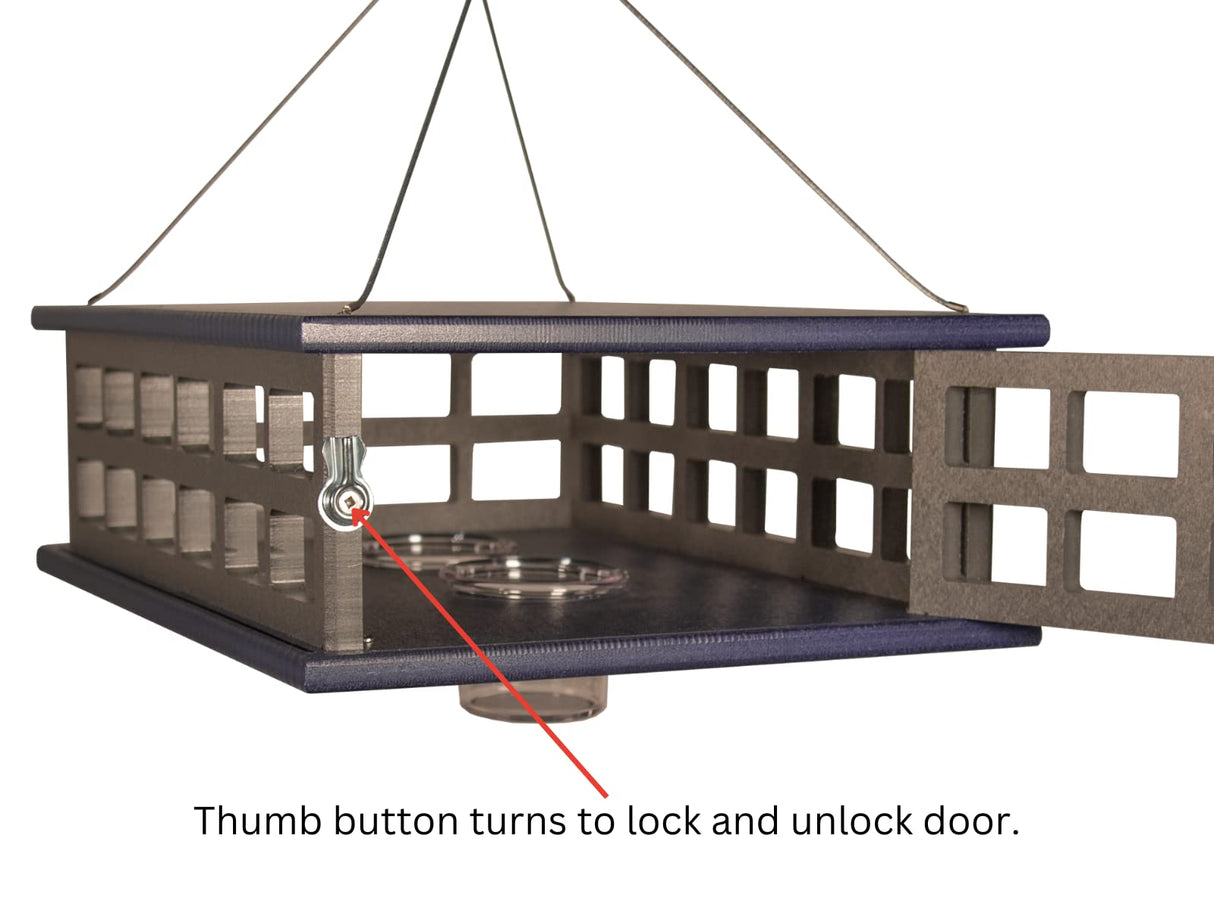 Close-up of JCS Wildlife Recycled Poly Lumber Bluebird feeder showing thumb button to lock and unlock door.