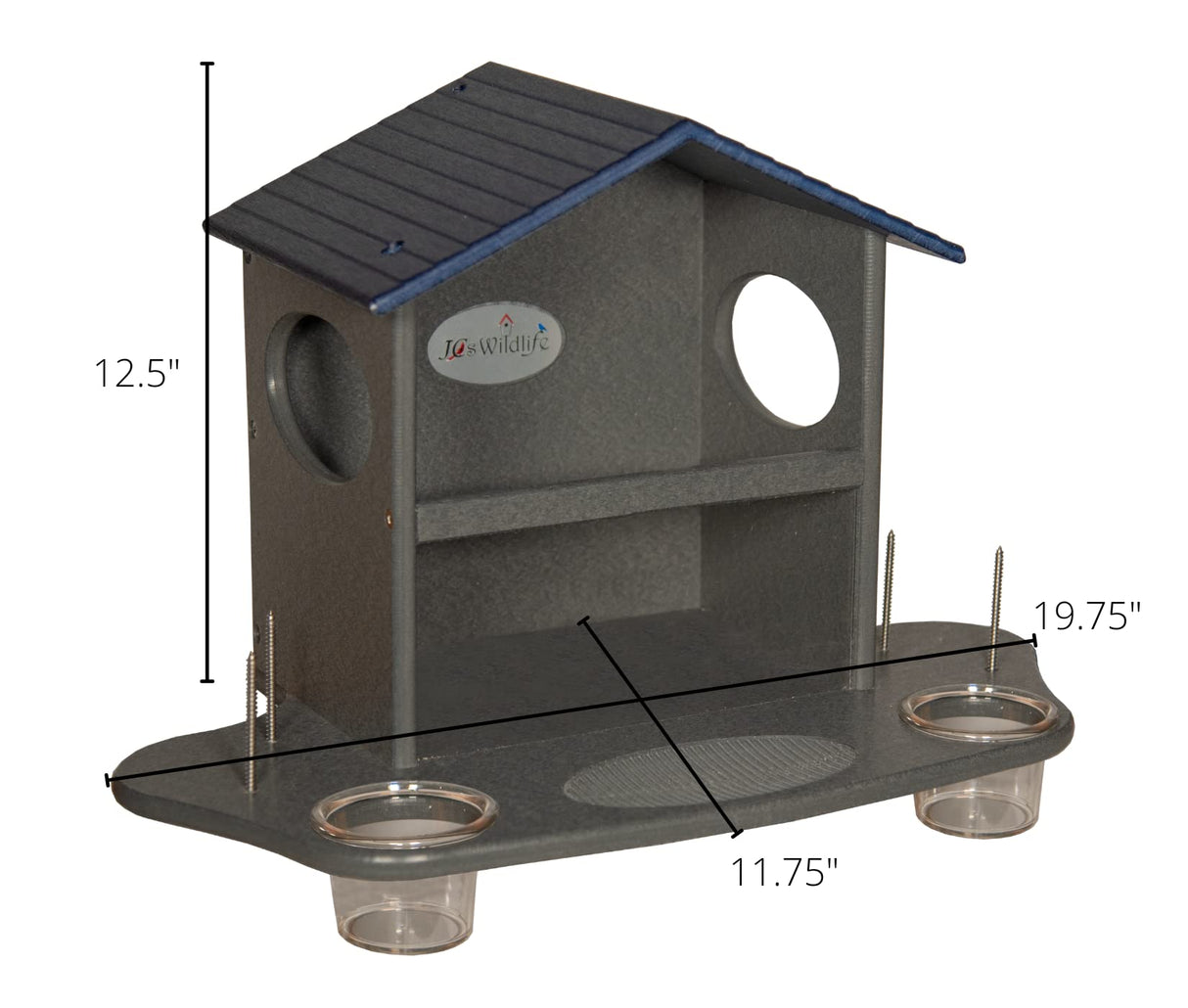 JCS Wildlife Squirrel Snack Station with dimensions, featuring sturdy construction and compartments for squirrel feeding.