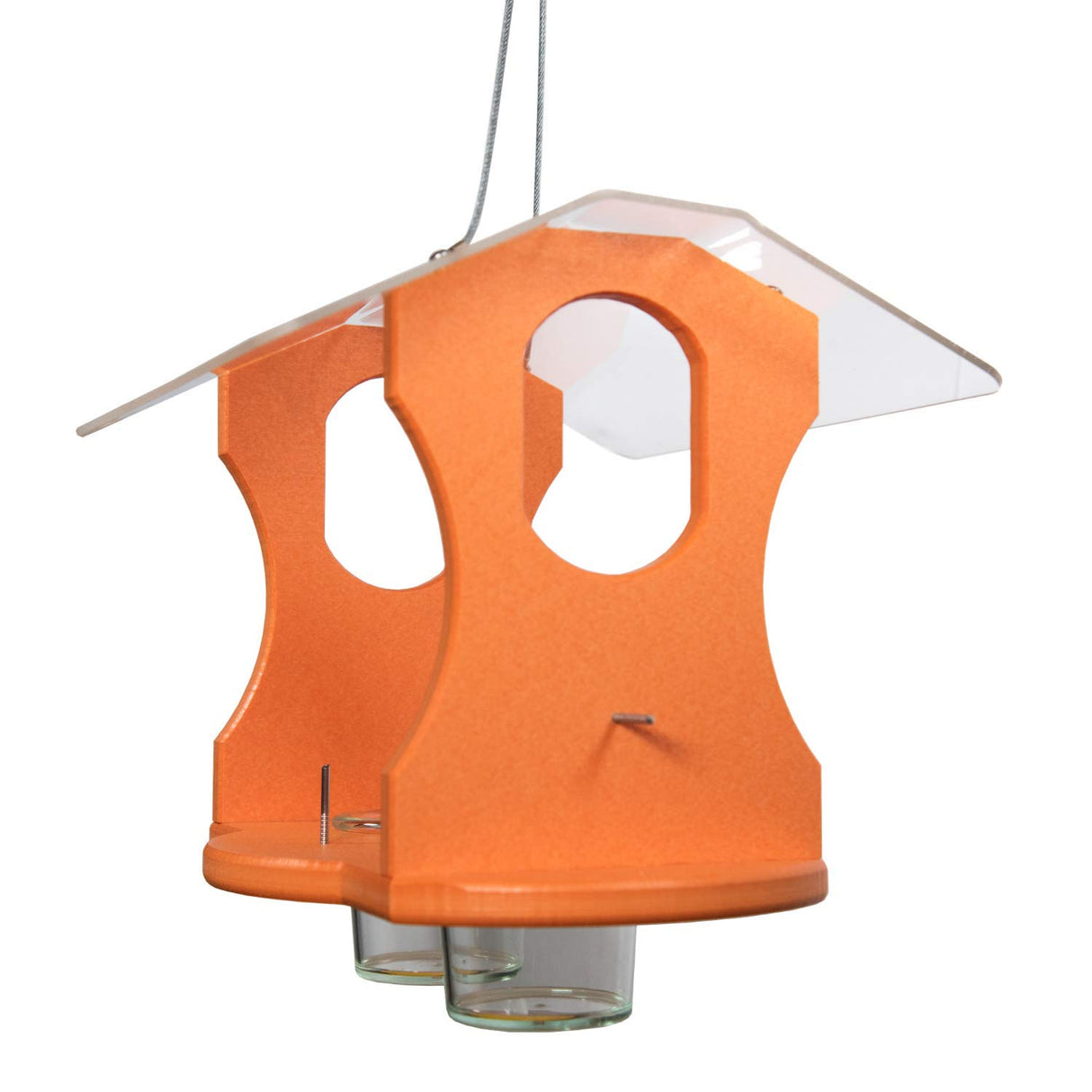 Product shot of an orange plastic bird feeder with a clear plastic roof three small glass cups and hanging hardware