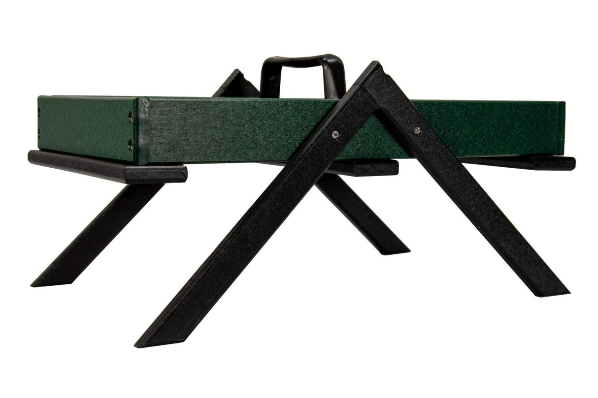 Plastic recycled lumber bird feeder with a dark green tray black legs and a convenient handle for easy refilling
