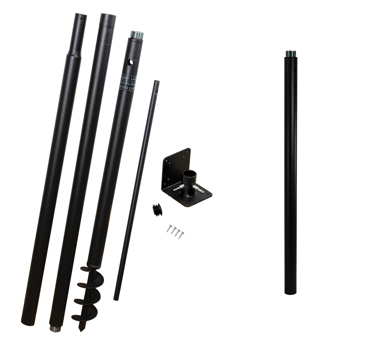 Product shot showing a disassembled black metal ground stake kit with various sized poles, a mounting bracket, screws, and a ground screw.