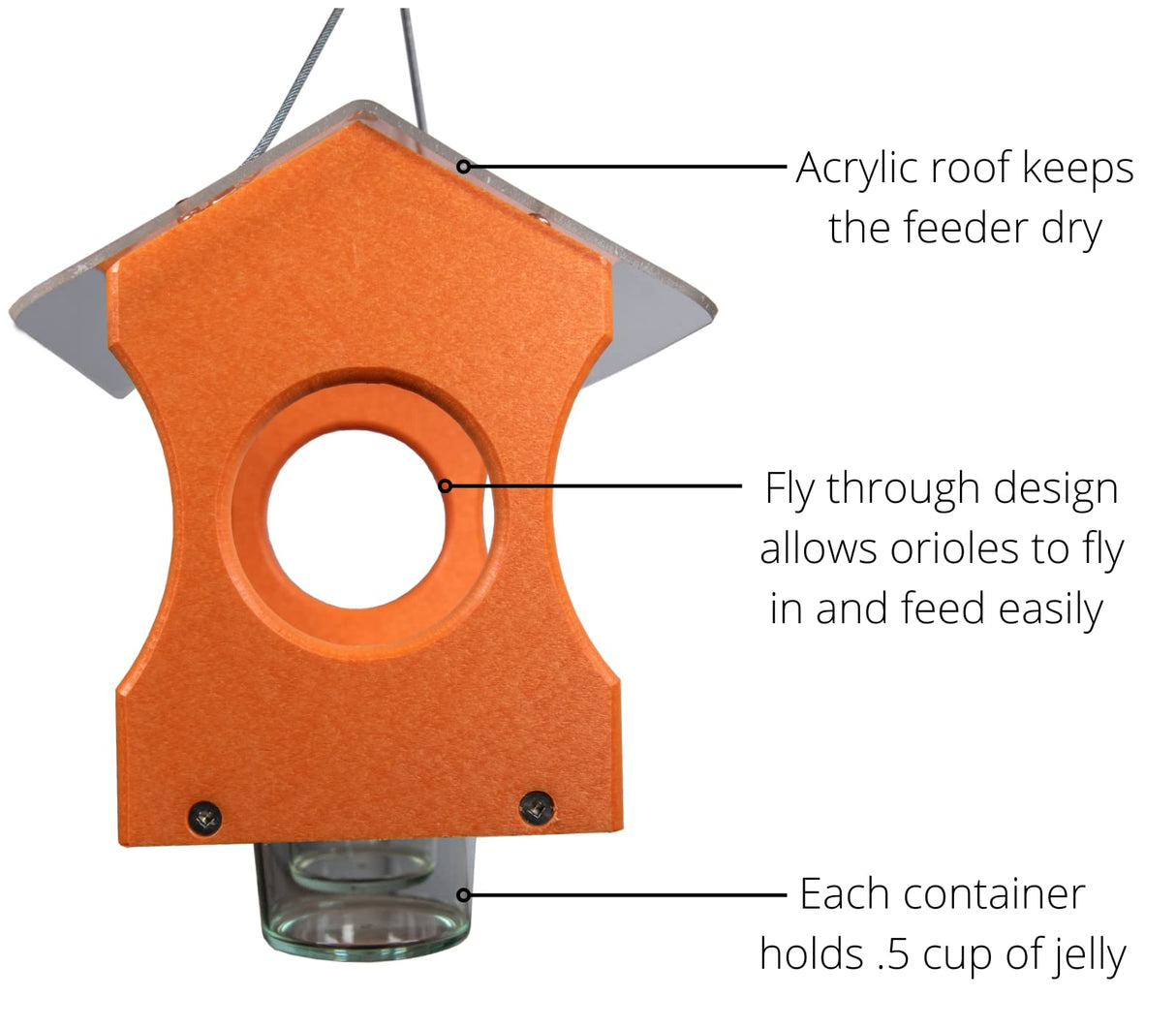 Product image showing an orange recycled plastic bird feeder with a gray acrylic roof two clear jelly cups and a fly through design for orioles