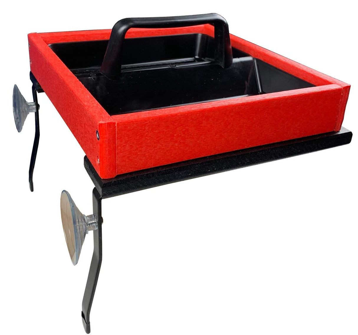 Product shot of a red and black plastic bird feeder with suction cups a carrying handle and clear suction cups for window mounting