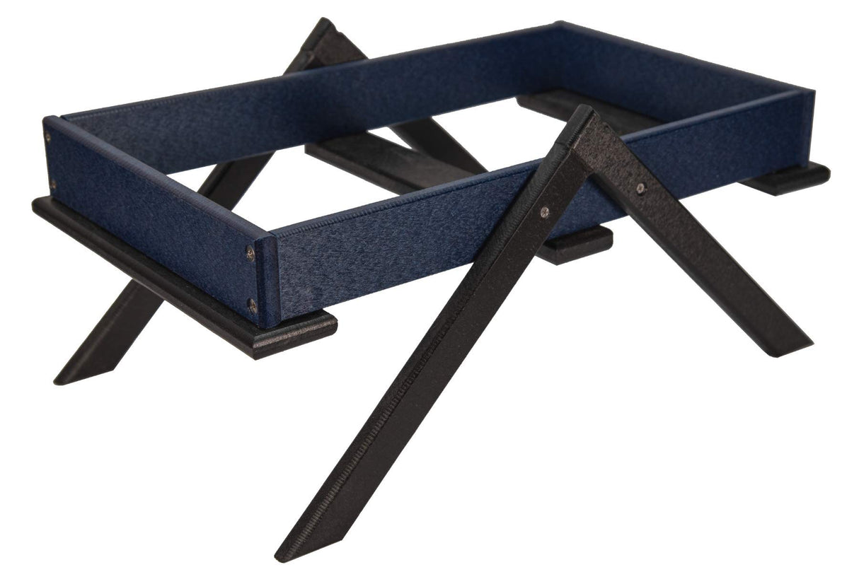 Plastic composite recycled materials blue and black folding tray with visible screws and textured legs