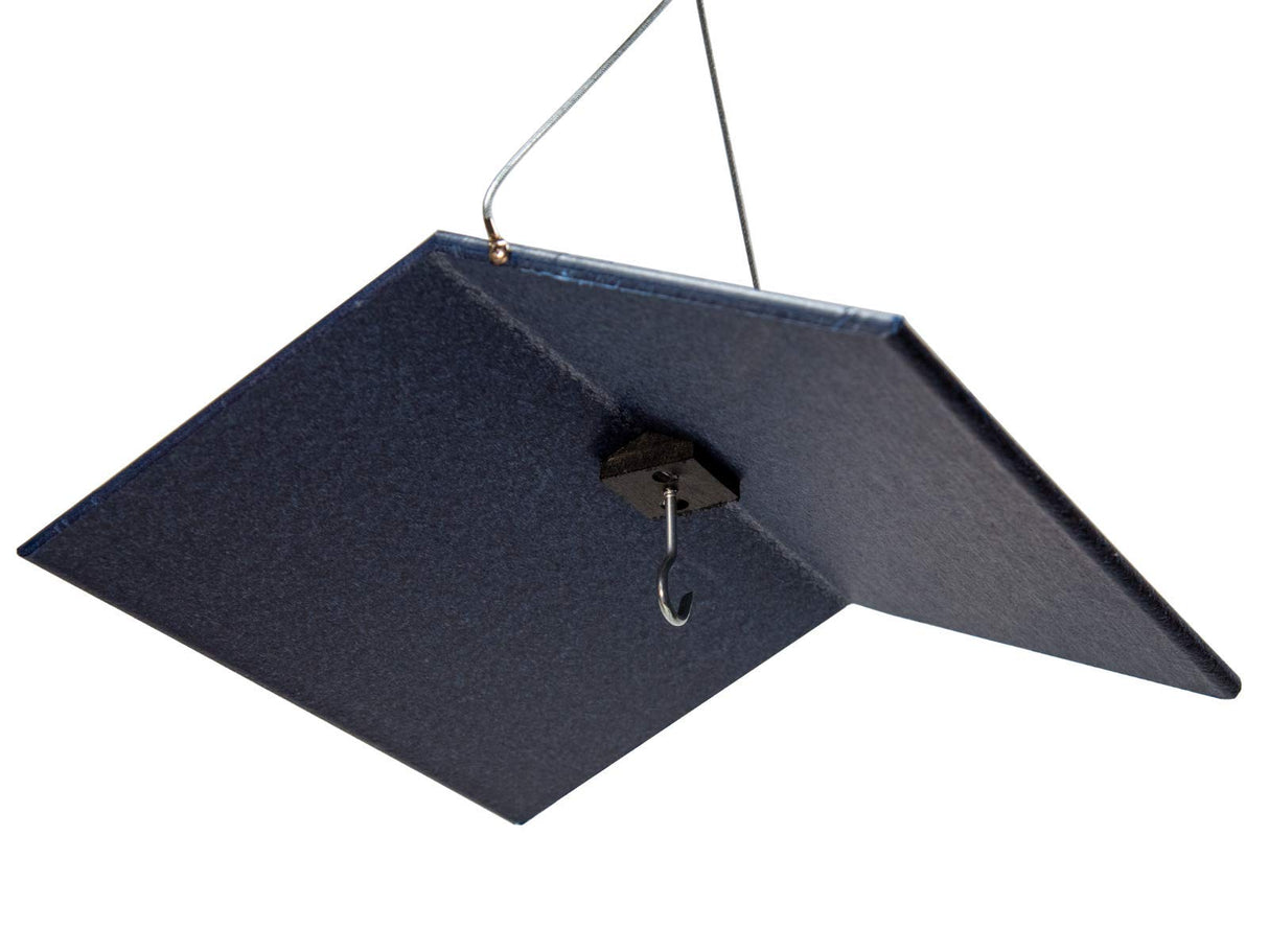 JCS Wildlife Large Poly Weather Cover above a bird feeder, designed to protect seeds from rain and snow, made from recycled materials.