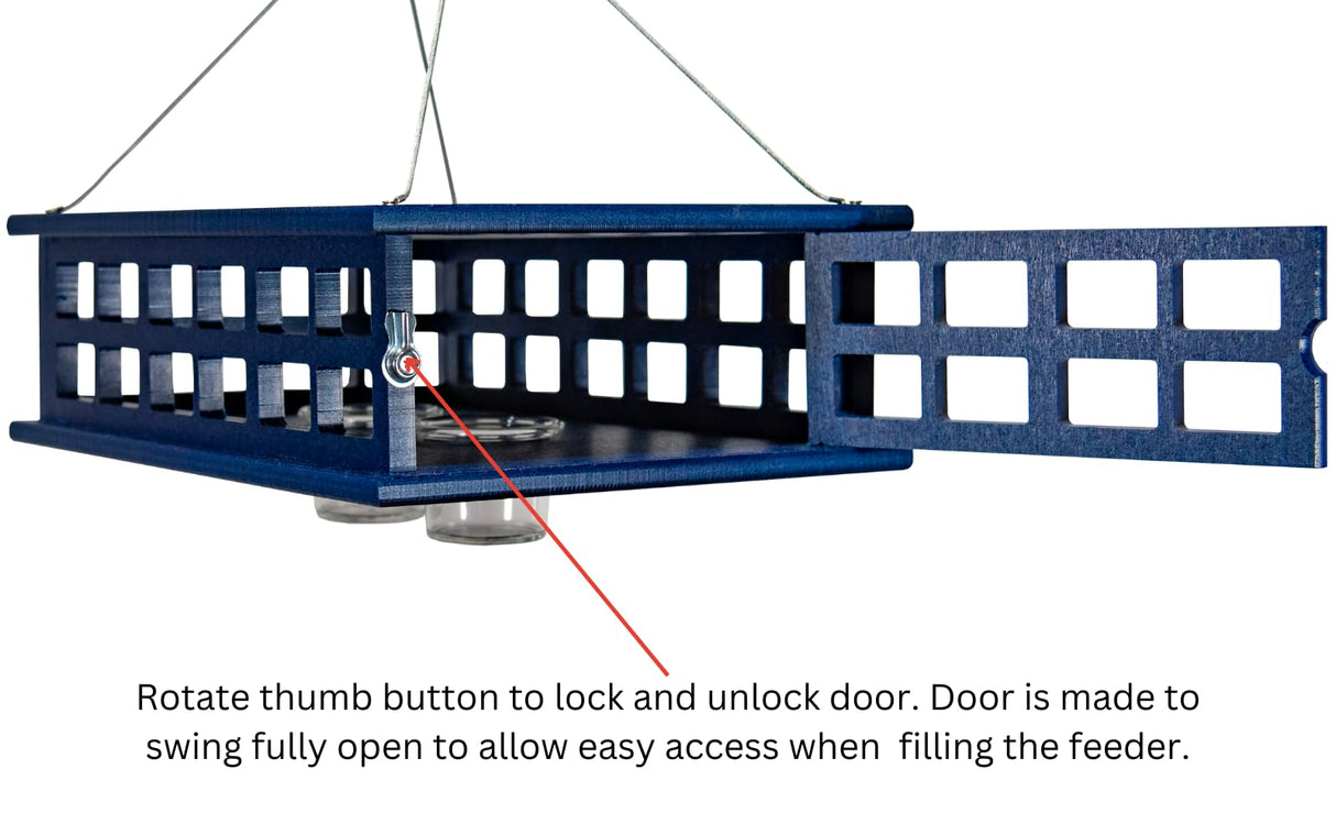 JCS Wildlife Recycled Poly Lumber Deluxe Caged Platform Bluebird Feeder with lockable door for easy access.