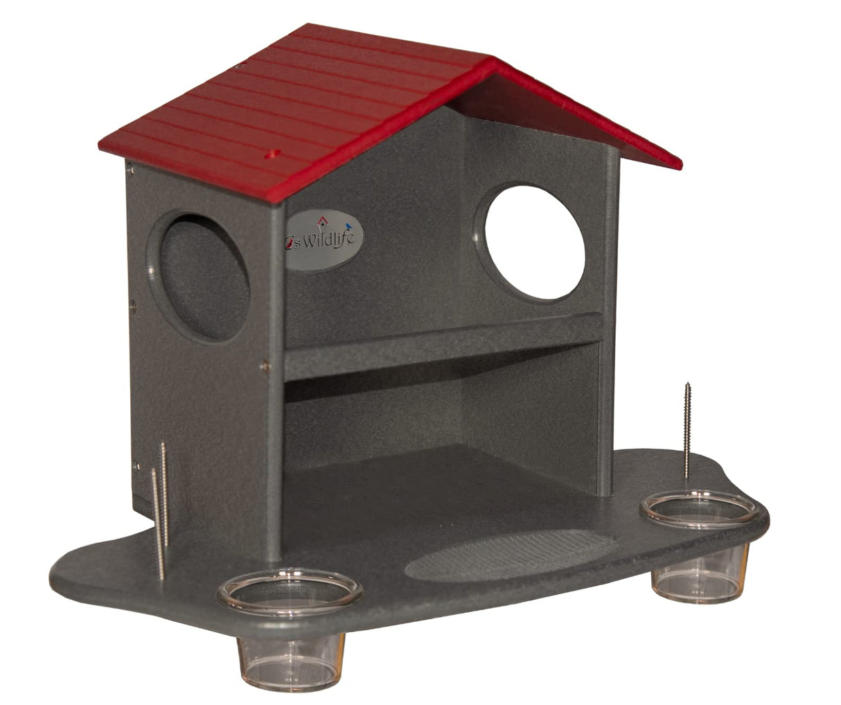 JCS Wildlife Squirrel Snack Station with red roof, feeding area, and water cups for squirrels, small and large.