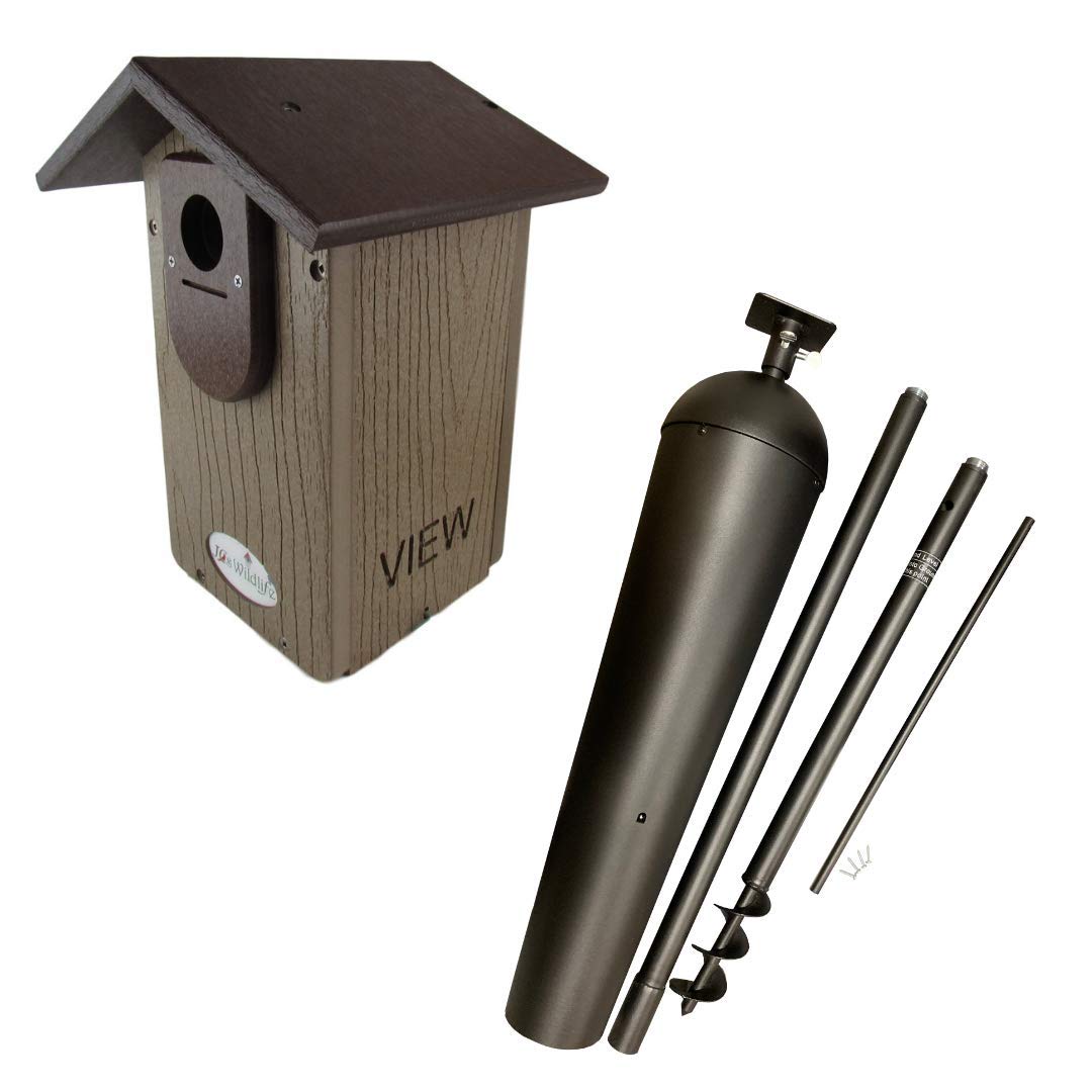 Wildlife VIEW birdhouse with mount kit featuring a wood grain design dark brown roof and a dark gray metal pole for ground mounting