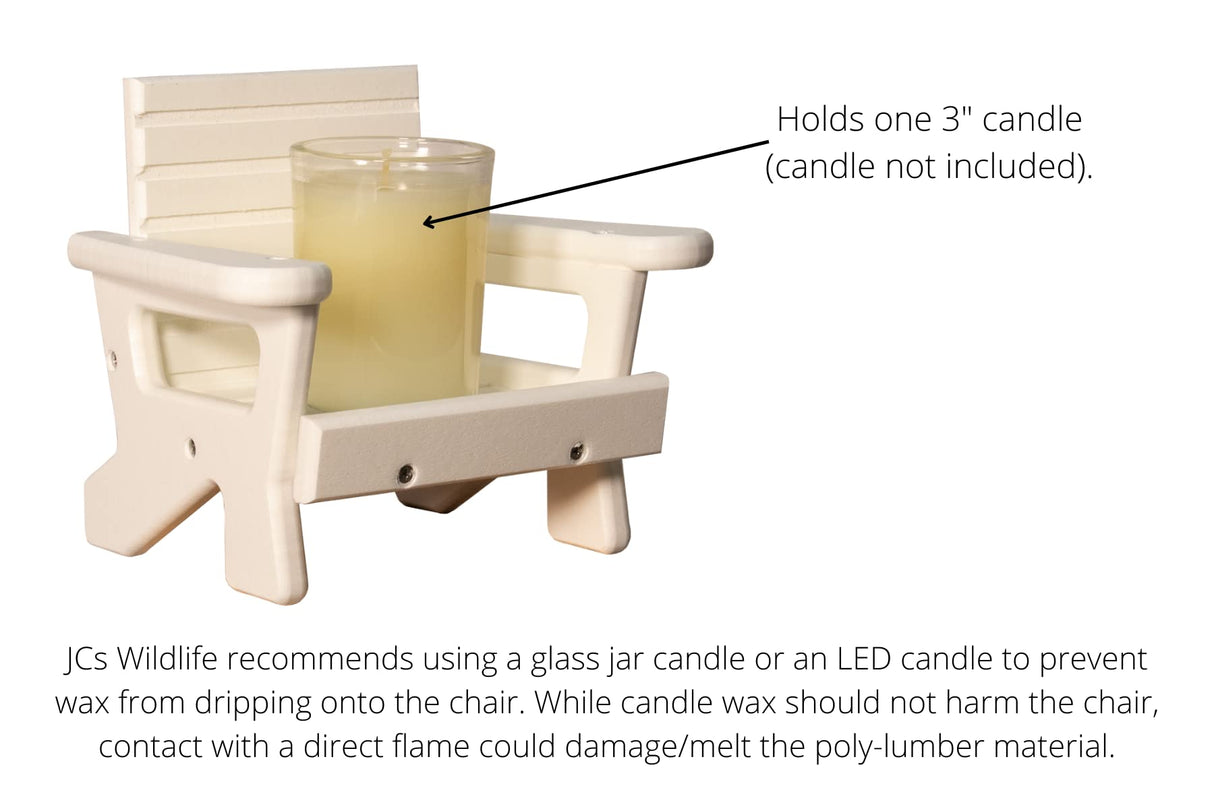 JCS Wildlife Mini White Adirondack Chair Candle Holder with a 3" candle, perfect for lake life decor.