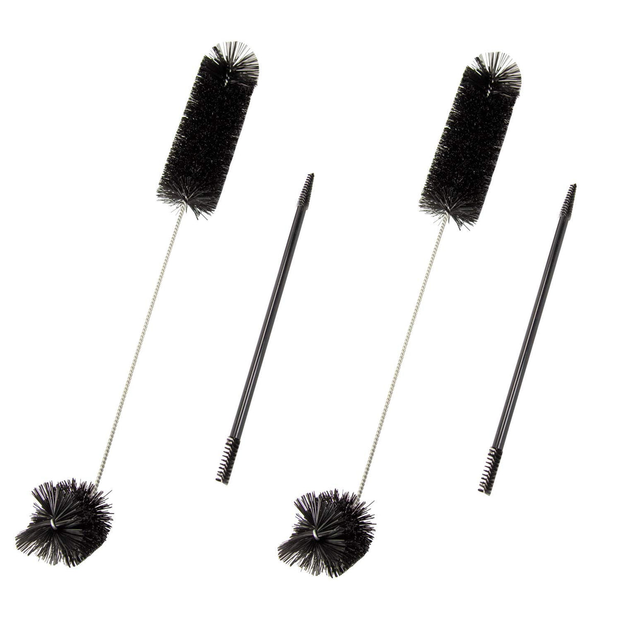 Four black bottle brushes with various brush heads and wire and plastic handles against a white background