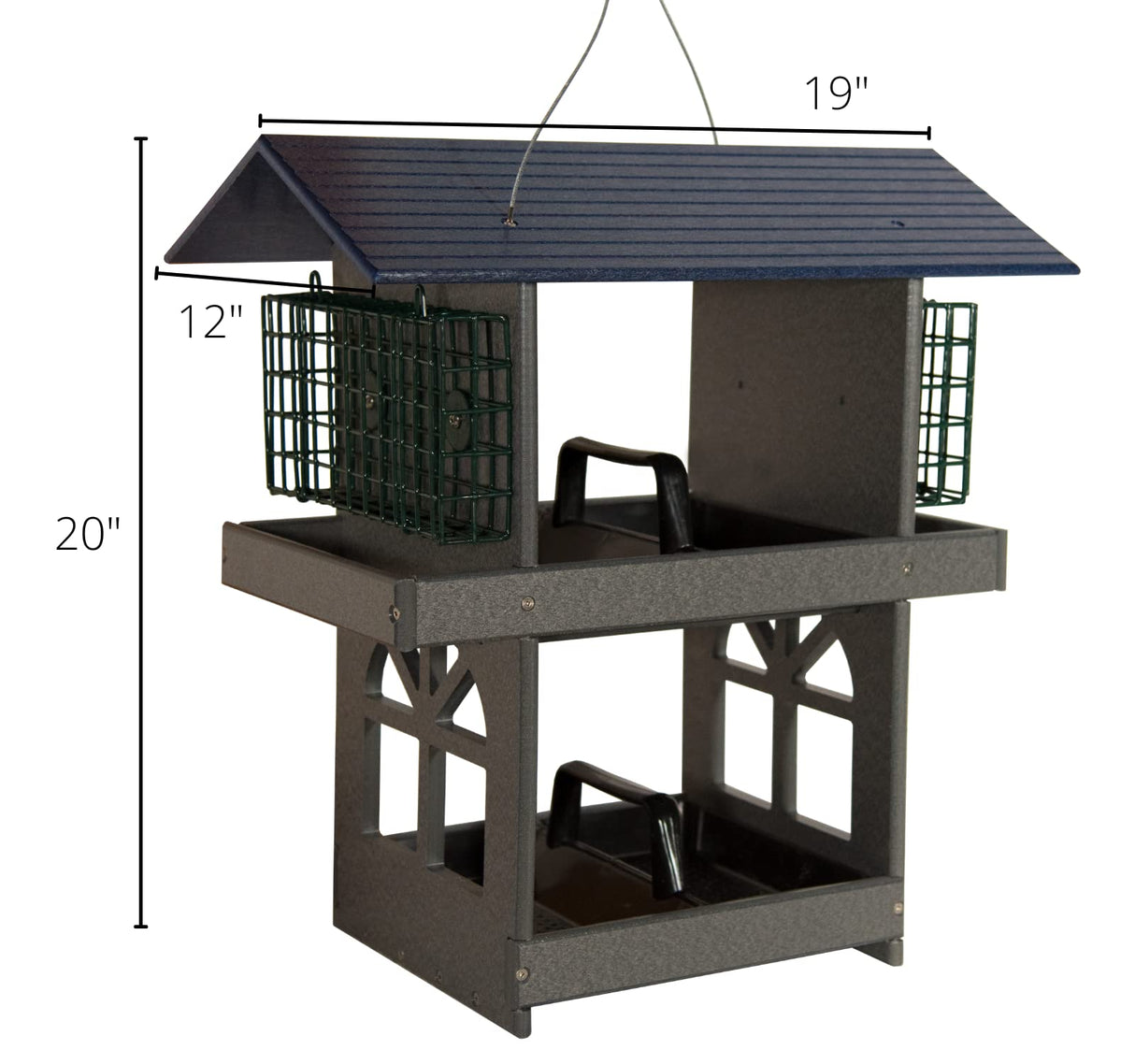 JCS Wildlife Double Fly Thru Bird Feeder with Suet Cages, featuring removable seed trays and dimensions 19" x 20" x 12".