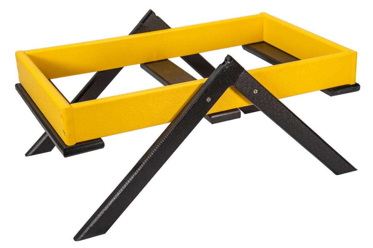 Plastic rectangular tray with black X-shaped legs featuring bright yellow color contrasting dark gray accents and visible screws