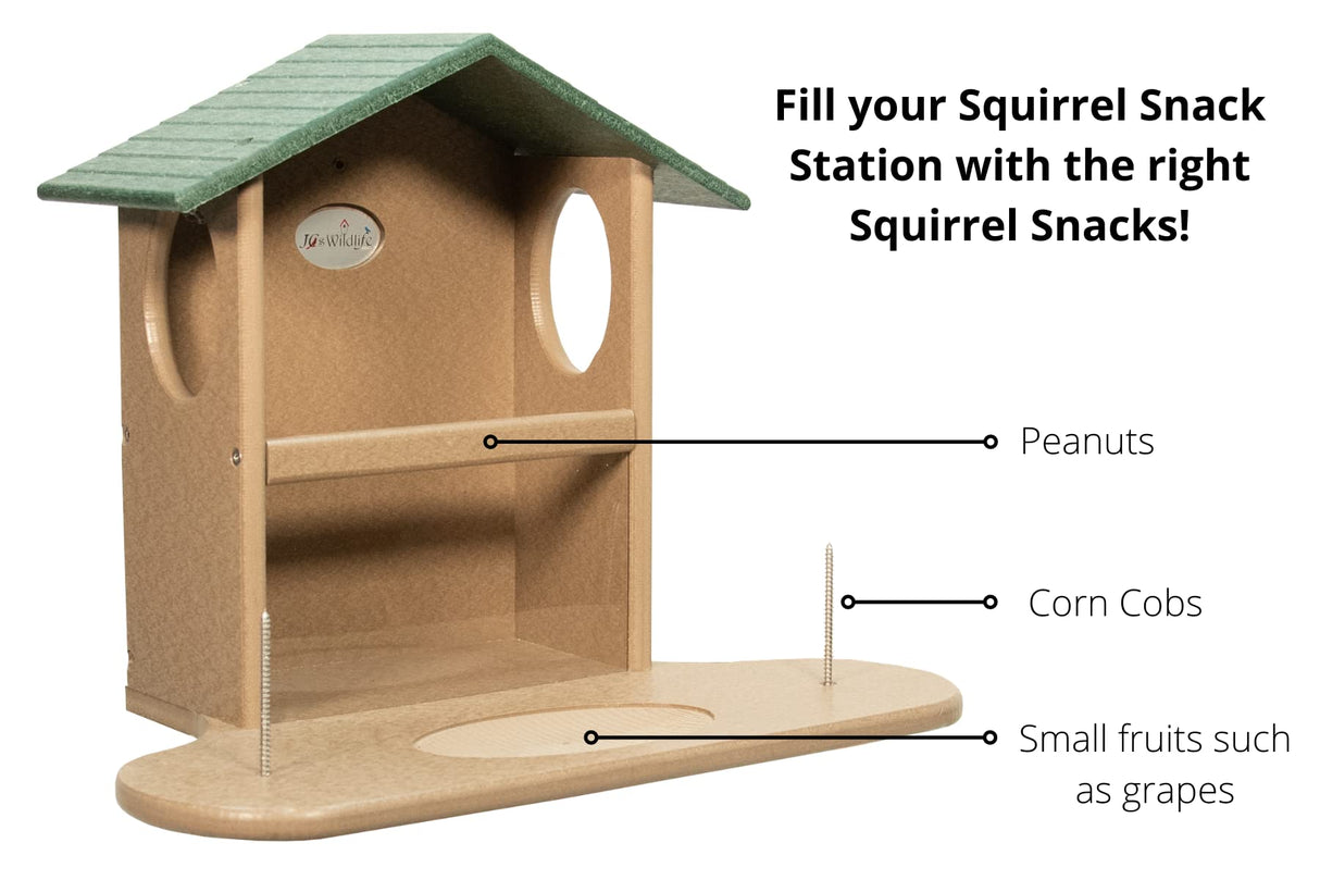 JCS Wildlife Squirrel Snack Station with compartments for peanuts, corn cobs, and small fruits like grapes.
