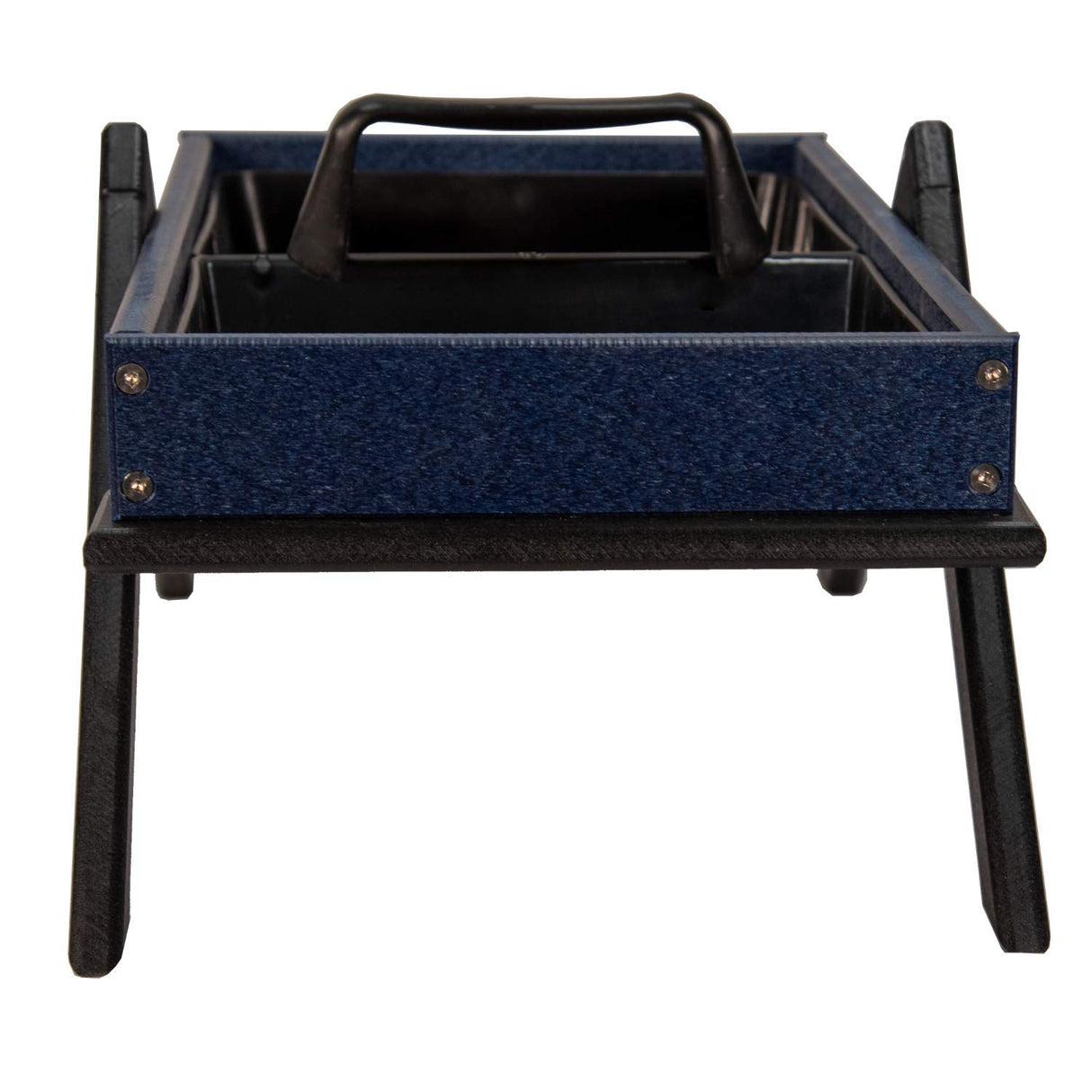Product shot of a dark blue and black plastic tray with a handle and two compartments on a stand showing visible screws and textured surfaces