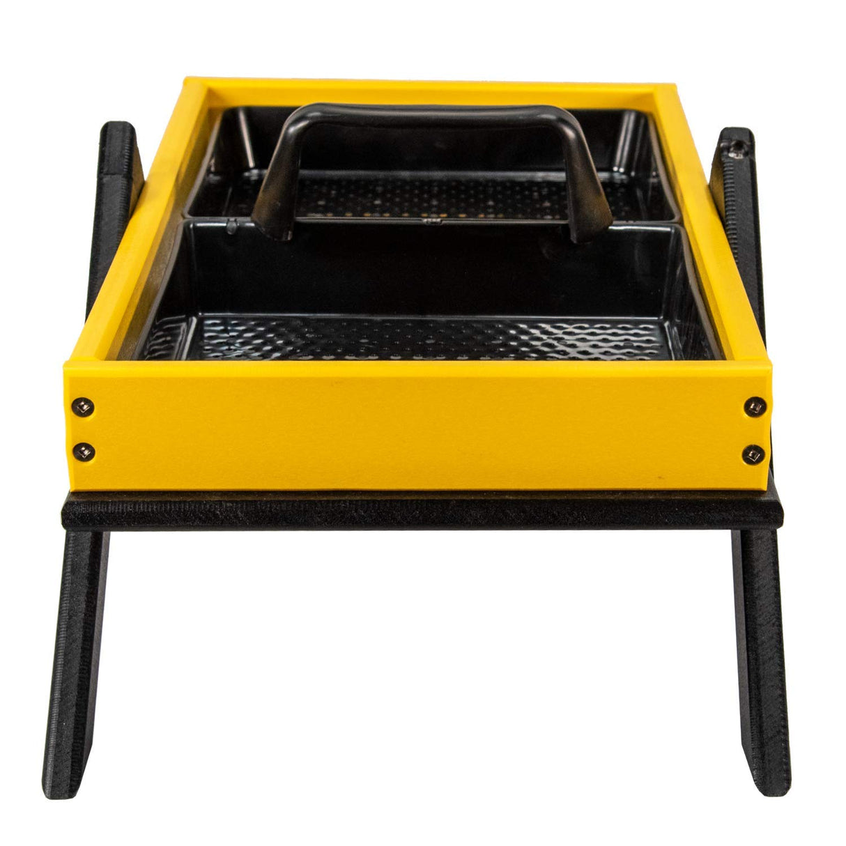 Product shot of a yellow and black plastic tray with a handle and foldable legs, featuring a textured black interior and visible screws