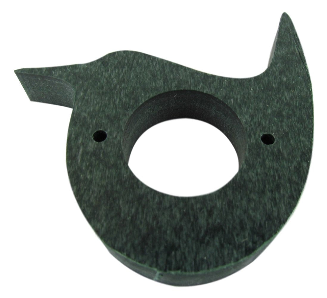 Dark green composite material bird-shaped object with a central hole and two smaller holes, possibly a component or part showing a unique speckled texture and smooth curves.