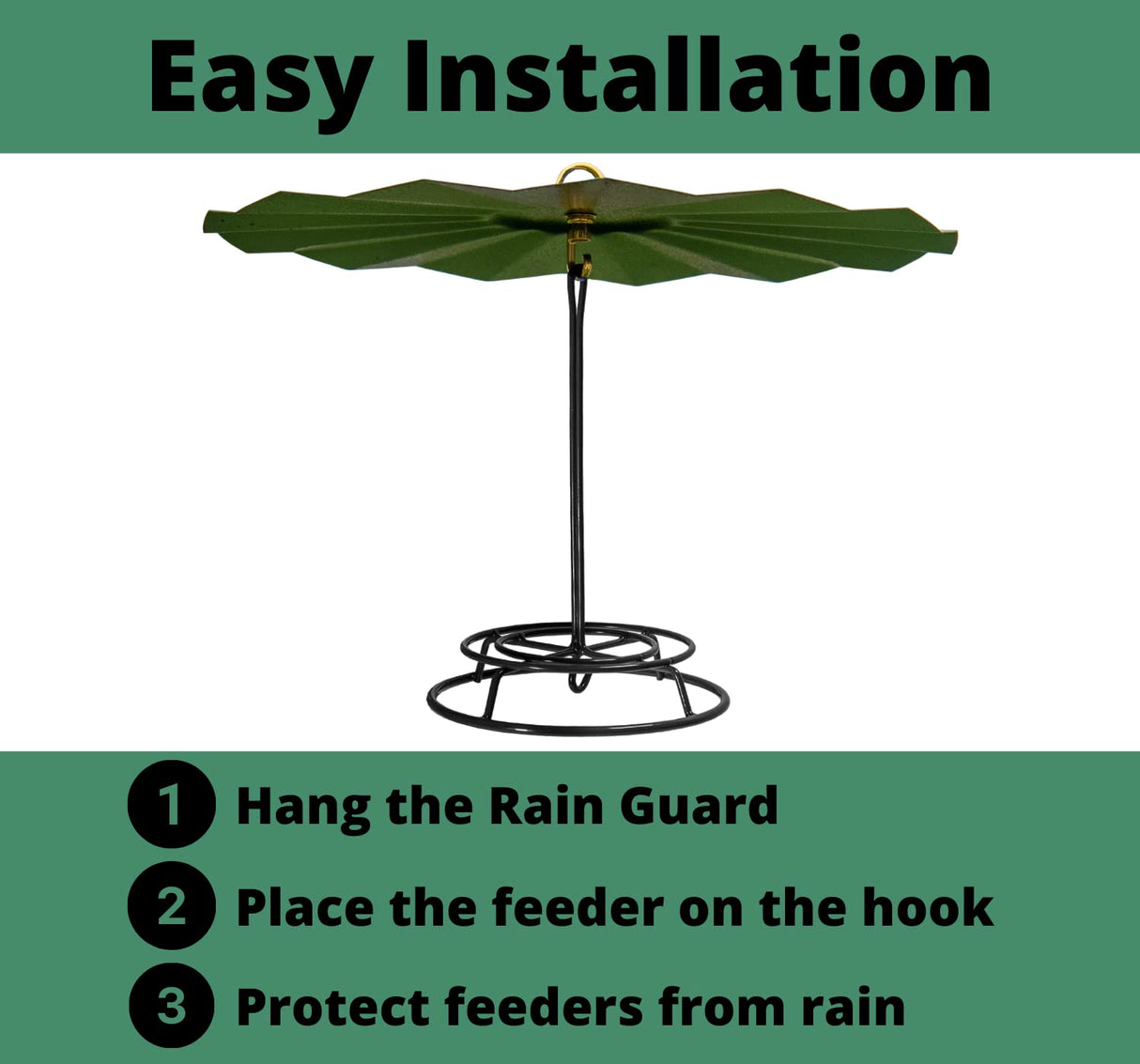 JCS Wildlife 16" Metal Rain Guard installation steps diagram for easy setup and protection from rain.
