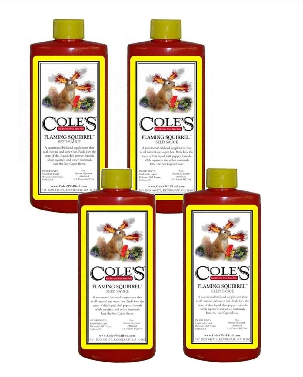 Four bottles of Cole's Flaming Squirrel Seed Sauce, a red liquid birdseed supplement featuring a cartoon squirrel, yellow labels with red and orange flames, and a hot Cajun pepper flavor