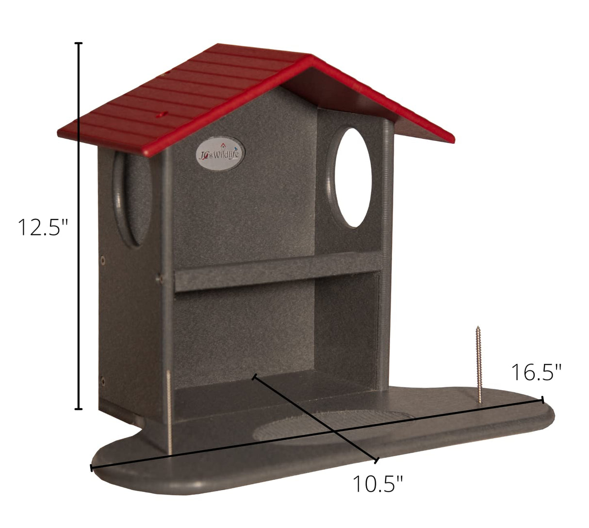 JCS Wildlife Squirrel Snack Station dimensions with red roof, measuring 12.5" height, 16.5" length, and 10.5" width.