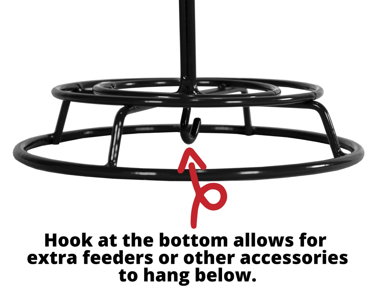 Close-up of a black metal bird feeder stand with a bottom hook, featuring circular tiers and a sturdy central pole for hanging additional feeders or accessories