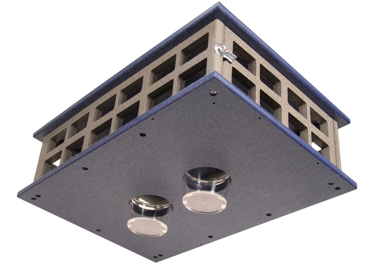 JCS Wildlife Recycled Poly Lumber Deluxe Caged Platform Bluebird Feeder with two feeding cups for mealworms.