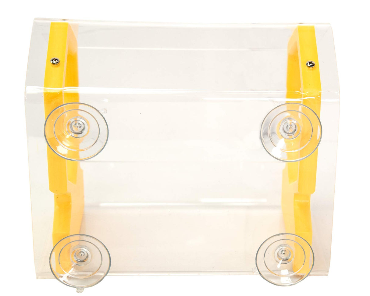 Plastic and unknown artist clear rectangular box with yellow sides featuring four suction cups and small screws for attachment
