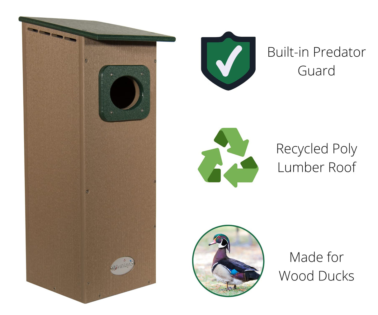 JOS Wildlife recycled poly lumber wood duck house with green roof and predator guard featuring a large entry hole and tan body