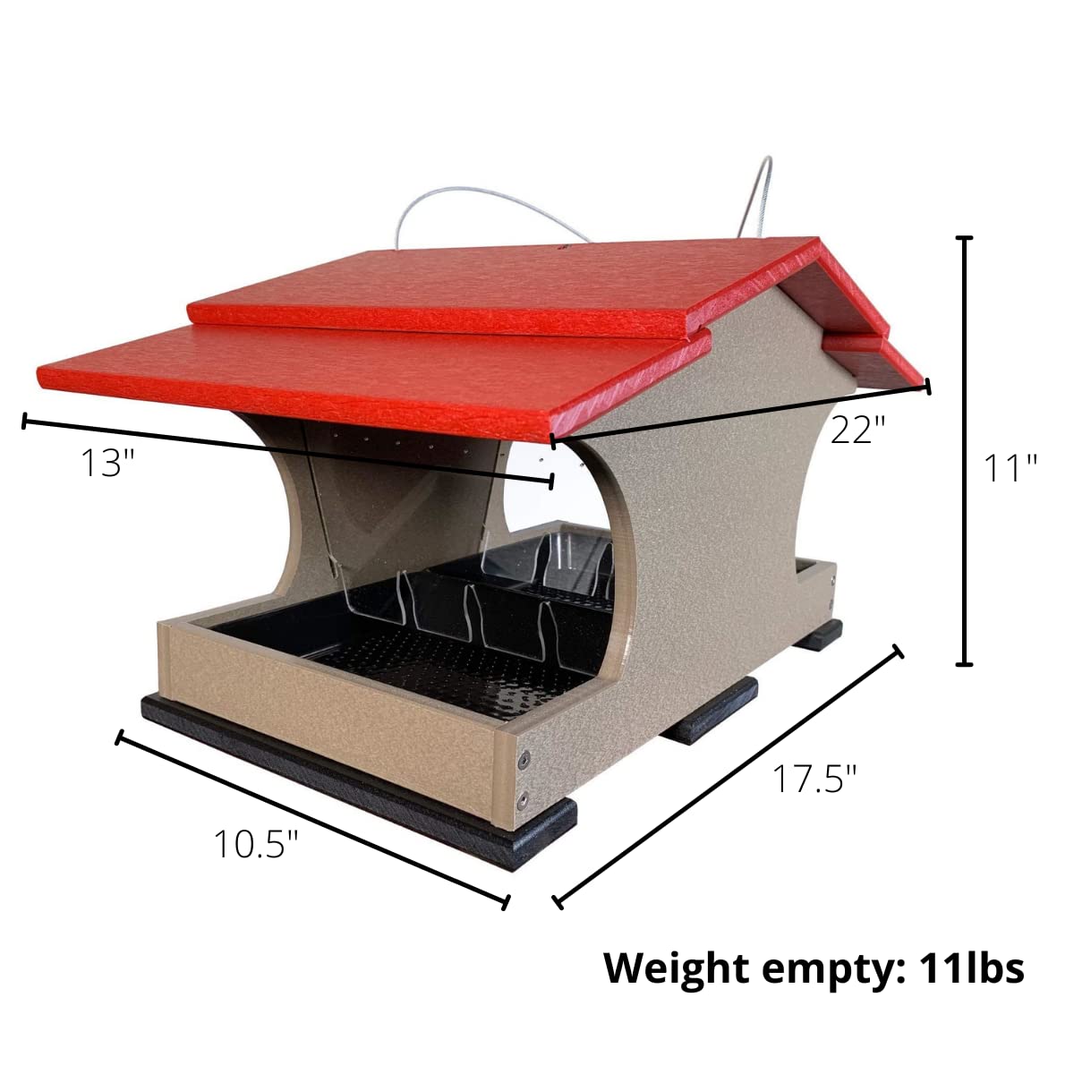 Diagram of a red and taupe plastic bird feeder with a protective overhang and  perches shown with dimensions 11x17.5x22 inches and weighing 11 lbs
