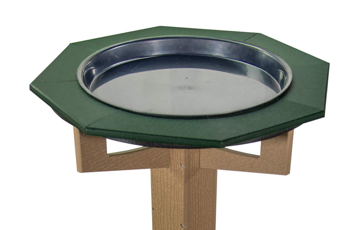 JCS Wildlife Poly Lumber Tan Pedestal Garden Bird Bath with green rim and metal bowl, durable and easy to clean.