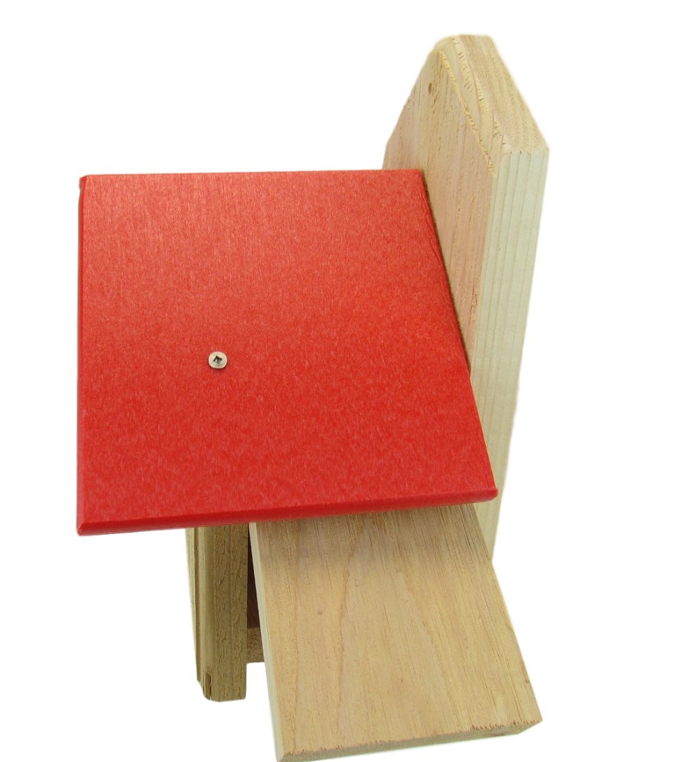 Unidentified artist wood and red plastic birdhouse featuring a bright red roof a light wood base and a small visible screw.