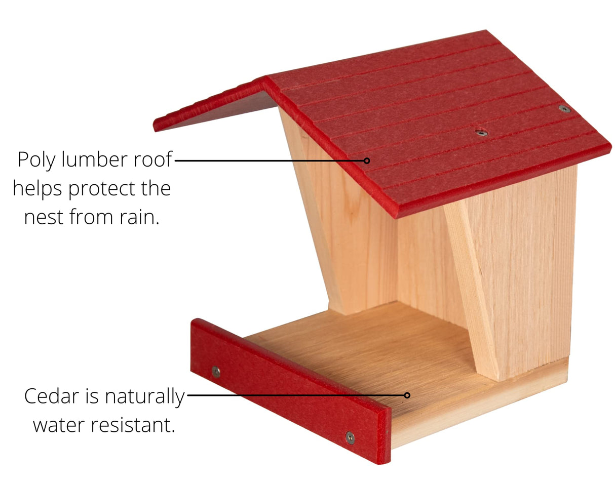 JCS Wildlife Modern Style Cedar Robin Roost with Poly Lumber Roof showing poly lumber roof and natural cedar construction.