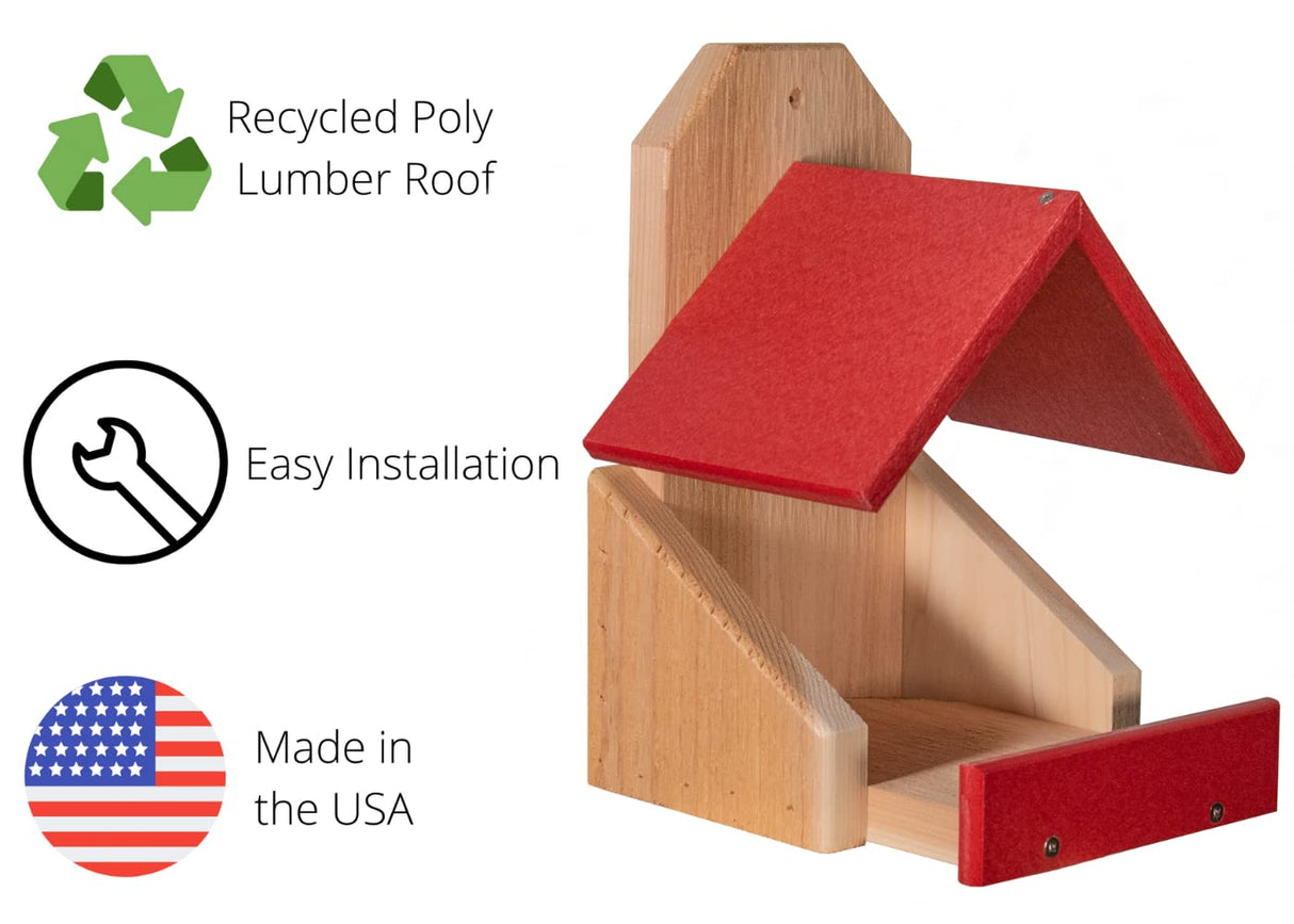 Wooden bird feeder with a bright red recycled poly lumber roof and platform, showcasing easy installation and made in the USA with natural wood tones