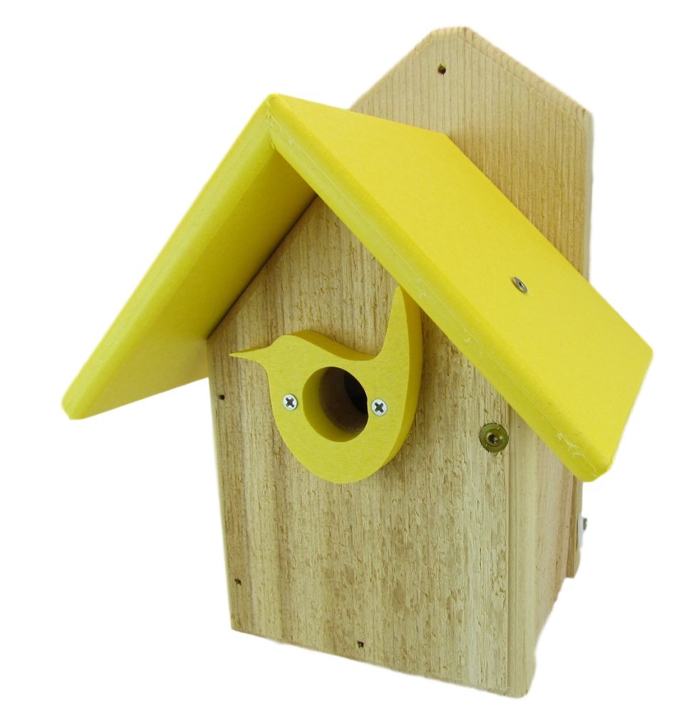 Wooden birdhouse with a bright yellow roof and bird-shaped entrance featuring visible screws and a natural wood body