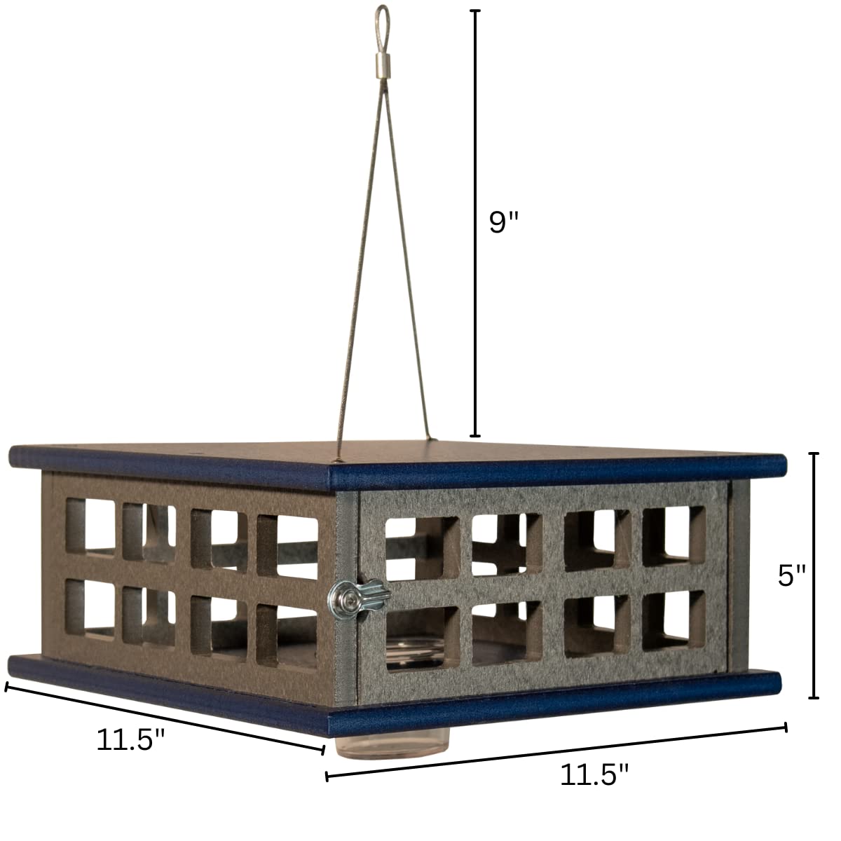 JCS Wildlife Recycled Poly Lumber Caged Platform Bluebird Feeder dimensions 11.5" x 11.5" x 9", designed for bluebirds.